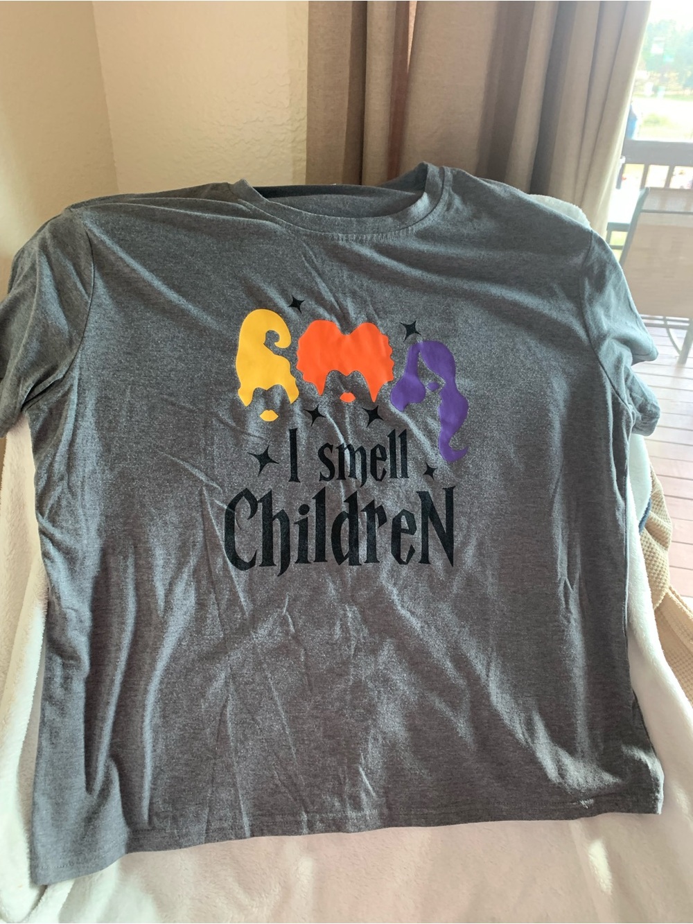 Gray Graphic Tee - 'I Smell Children' with Yellow, Orange & Purple Accents